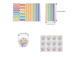Gedetailleerde afmetingen van gestreepte papieren zakken en 3,5cm Thank You stickers
