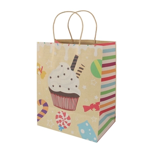 Brown kraft paper gift bag with cupcake illustrations and rainbow striped side panels