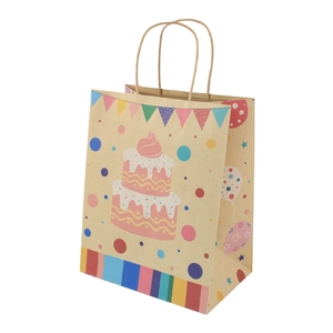 Eco-friendly kraft paper gift bag with hand-drawn pink cake and balloons illustration