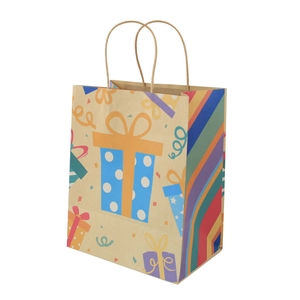 Brown kraft paper gift bag with colorful geometric gift box patterns and rope handles