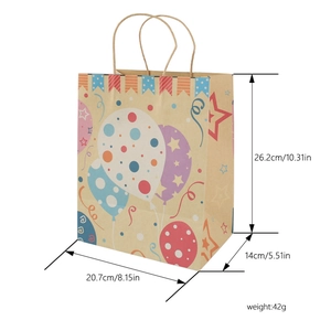 Kraft paper birthday gift bag with colorful balloon pattern and size measurements