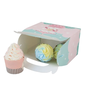 Pink and blue carousel unicorn gift box for cupcakes with cloud pattern and handle