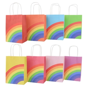 Rainbow Kraft paper gift bags with white rope handles in eight vibrant assorted colors