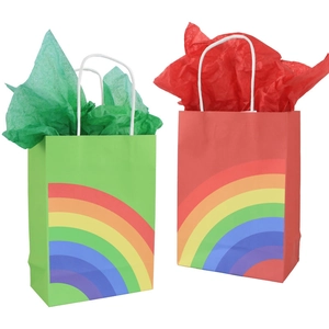 Rainbow kraft paper gift bags with handles in red and green colors with tissue paper