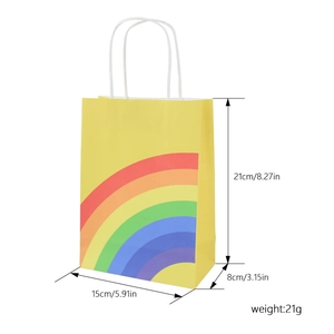 Yellow kraft paper gift bag with rainbow print and white handles, 15x8x21cm dimensions
