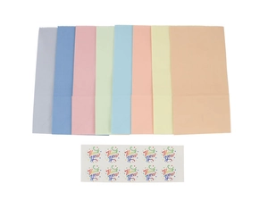 Detailed view of colorful square bottom paper bags with serrated edges and seal stickers