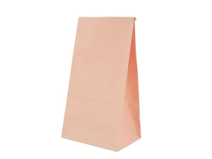 Detail of light peach kraft paper food bag with gusseted sides and smooth matte texture