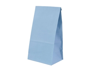 Close-up of a blue greaseproof kraft paper food bag with gusseted sides and matte finish
