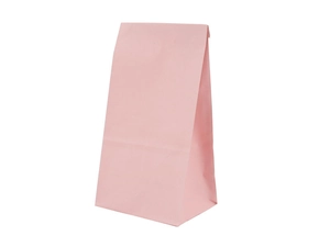 Close-up of a light pink greaseproof paper bag with gusset sides and a flat square bottom