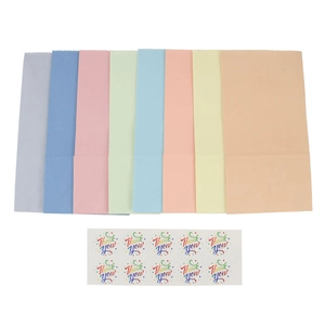 Set of 8 colorful kraft paper gift bags with Thank You stickers on white background