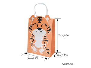 Detaillierte Größenangaben der orangefarbenen Papiertüte mit Cartoon-Tiger-Motiv