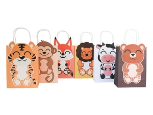 Detailansicht von sechs Cartoon-Geschenktüten mit weißen Kordelgriffen aus Papier