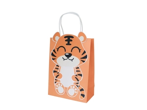 Nahaufnahme der süßen Tiger-Papiertüte mit stabilen weißen Kordelgriffen