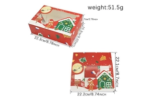 Detail view of red Christmas cookie box with clear window and festive gingerbread house prints