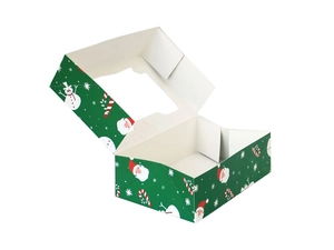 Detail view of green Christmas cookie box with PVC window and festive snowman illustrations