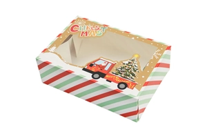 Detail view of Christmas cookie box with clear PET window and festive truck pattern