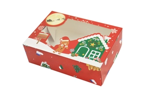 L-shaped window detail on red Christmas cookie box with festive gingerbread man prints