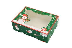 Detail of Christmas cookie box with PVC window featuring Santa Claus and snowman prints