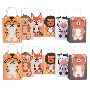 Cartoon Tier Party Geschenktüten Set mit Löwe Tiger Affe Motiven und weißen Seilgriffen