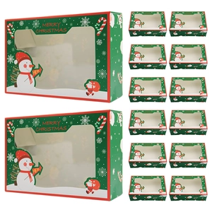 Christmas window gift boxes with Santa and snowman patterns in red and green festive colors