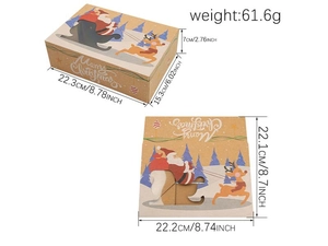 Detailed view of Christmas kraft paper gift box with festive illustrations and dimensions
