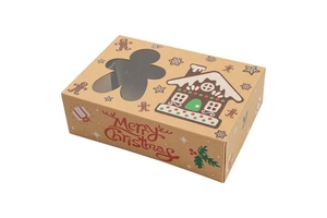 Brown kraft paper Christmas cookie box with gingerbread man window and festive patterns