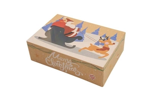 Detail of kraft paper Christmas cookie box with Santa Claus illustration and clear window
