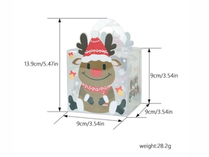 Vue détaillée de la boîte à muffins en PVC transparent avec renne et dimensions de l'anse