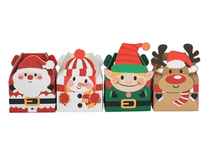 Detail view of four Christmas gift boxes featuring Santa, Snowman, Elf, and Reindeer designs