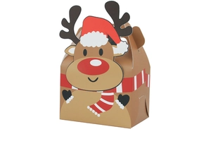 Close-up of reindeer Christmas gift box with 3D antlers and red hat for muffins
