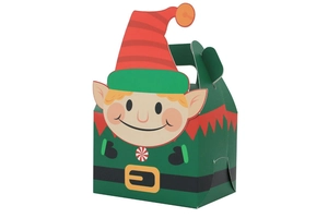 Detail of Christmas elf theme gift box with red striped hat and green festive costume design