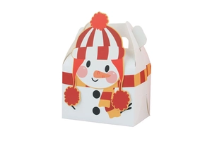Close-up of a Christmas snowman gift box with handle for muffins and holiday treats