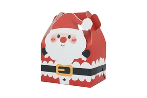 Detail of Christmas candy gift box featuring red cartoon Santa design and handle