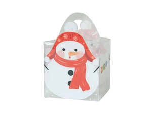 Détail de la boîte à muffins en PVC transparent avec motif bonhomme de neige et poignée