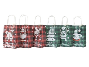 Detailed set of Christmas paper gift bags with red and green plaid patterns and cartoon icons
