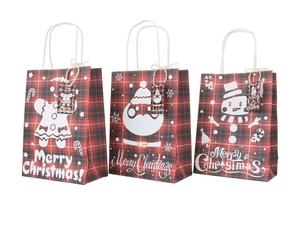 Detailed trio of Christmas paper bags with festive plaid patterns and character tags