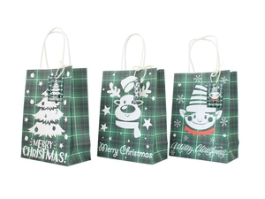 Green plaid Christmas gift bags with reindeer and tree patterns and white handles