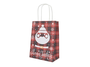 Detail of red plaid Christmas paper gift bag with Santa Claus print and twisted rope handles