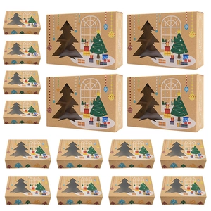 Set of Christmas kraft paper cookie boxes with festive tree window and holiday prints