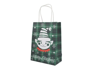 Detail of green plaid Christmas gift bag with white elf illustration and Merry Christmas text