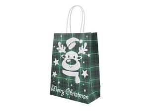 Detail of Christmas plaid paper gift bag with reindeer print and white rope handle