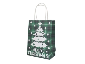Detail of green plaid Christmas gift bag with white tree and Merry Christmas text
