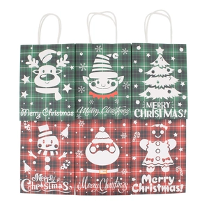 British style plaid Christmas gift bags set with assorted festive cartoon characters