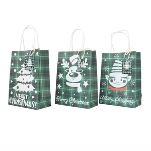 Three-piece British plaid Christmas gift bags with reindeer and tree motifs and rope handles