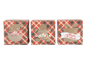 Close-up of Christmas gift boxes with PVC window featuring Santa and gingerbread man