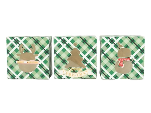 Three Christmas gift boxes with window designs and plaid patterns for candy and cookies