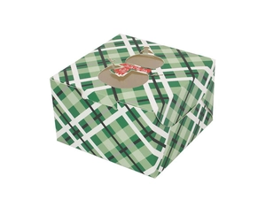 Green tartan Christmas gift box featuring a snowman-shaped clear window for cookies
