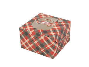 Red plaid Christmas gift box with Santa-shaped clear window and Merry Christmas text