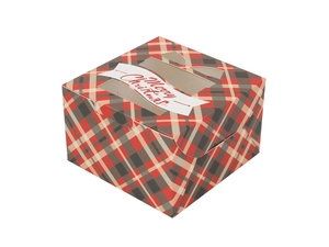 Close-up of a plaid Christmas gift box with a transparent window and Merry Christmas text