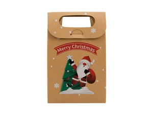 Detail of kraft paper Christmas gift bag featuring Santa Claus, tree and Merry Christmas text